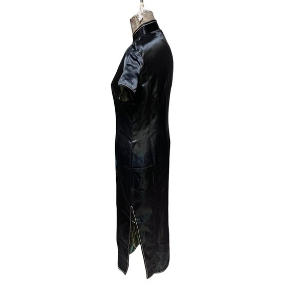Black Satin NWT Dragon & Phoenix Embroidered Qipao Cheongsam Maxi Dress S/M - Picture 3 of 10